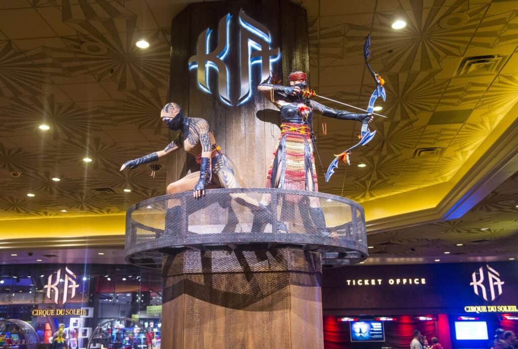Live performance artists from Cirque du Soleil's 'KA' show at MGM Grand, capturing the entertainment essence of a Las Vegas babymoon experience