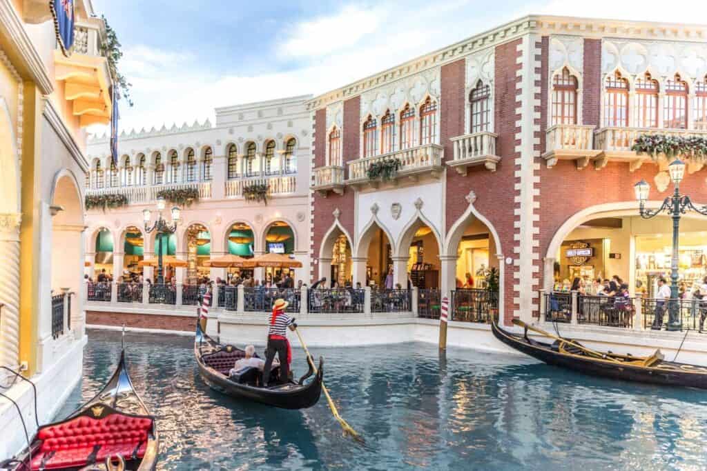 A serene gondola ride experience at the Venetian hotel in Las Vegas, perfect for couples on a romantic babymoon in Las Vegas