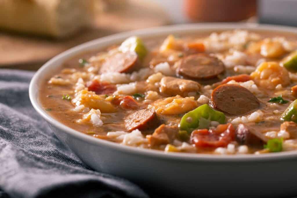 A bowl of authentic jambalaya, a classic Creole dish, to savor the local cuisine during a babymoon in New Orleans