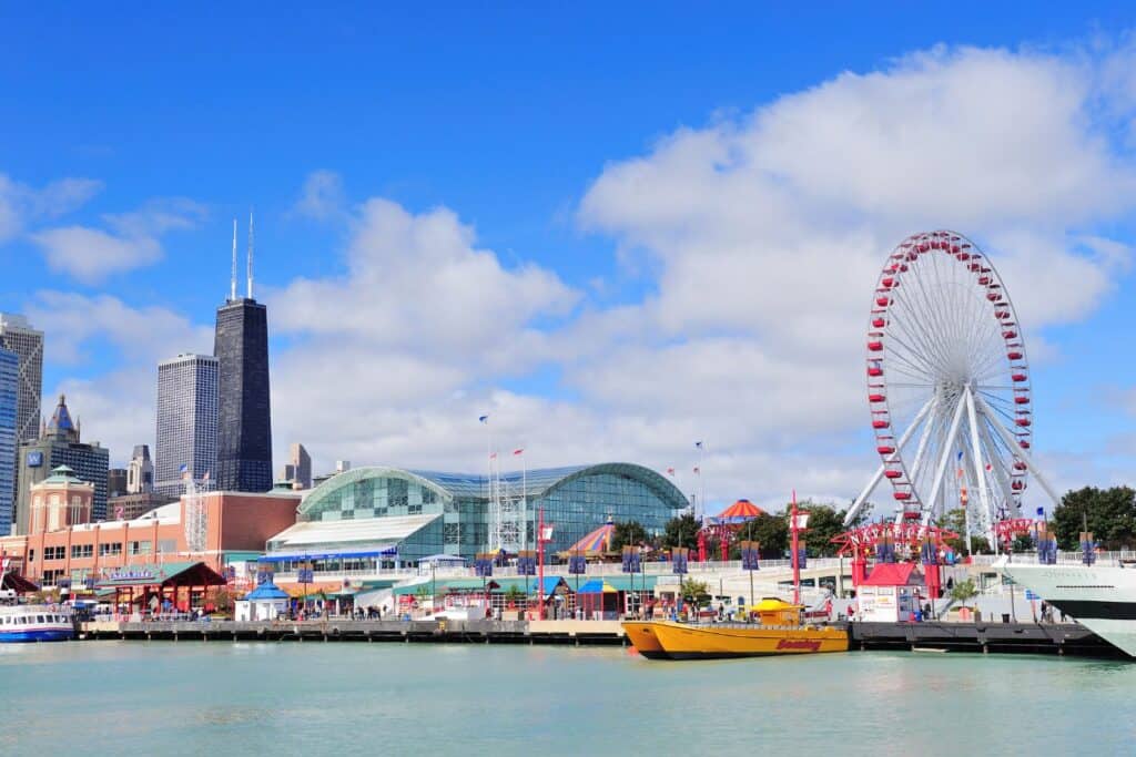 The festive Navy Pier in Chicago with its iconic Ferris wheel, a fun-filled destination for a babymoon in Chicago.