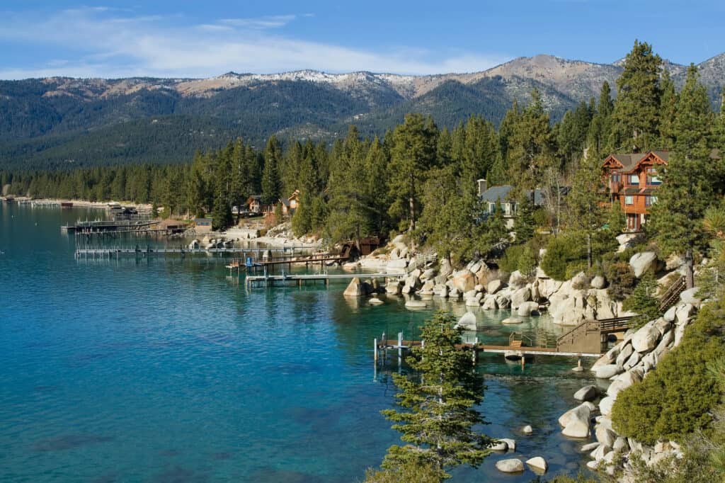 Cabins on the Lake Tahoe on a stunning blue bird day in the summer